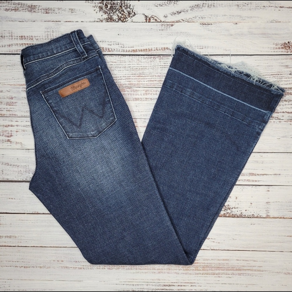 Wrangler Flare Leg Raw Hem Dark Wash Denim Jeans 5